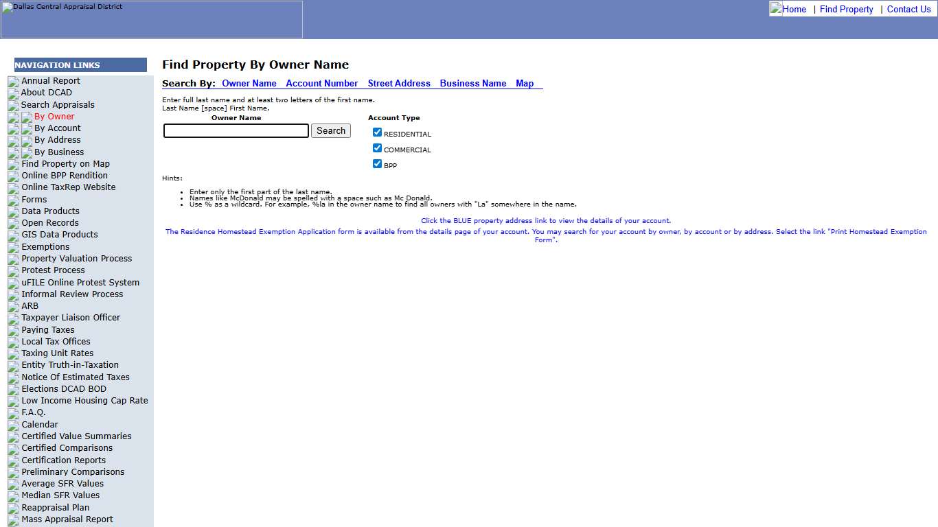 DCAD: Find Property By Owner Name