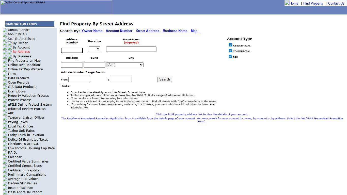 DCAD: Find Property By Street Address